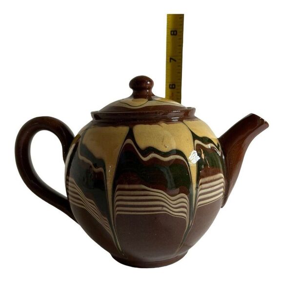 Vintage Redware Teapot Made Bulgaria Flower Fading Brown Yellow Drip Glaze READ - Picture 10 of 14